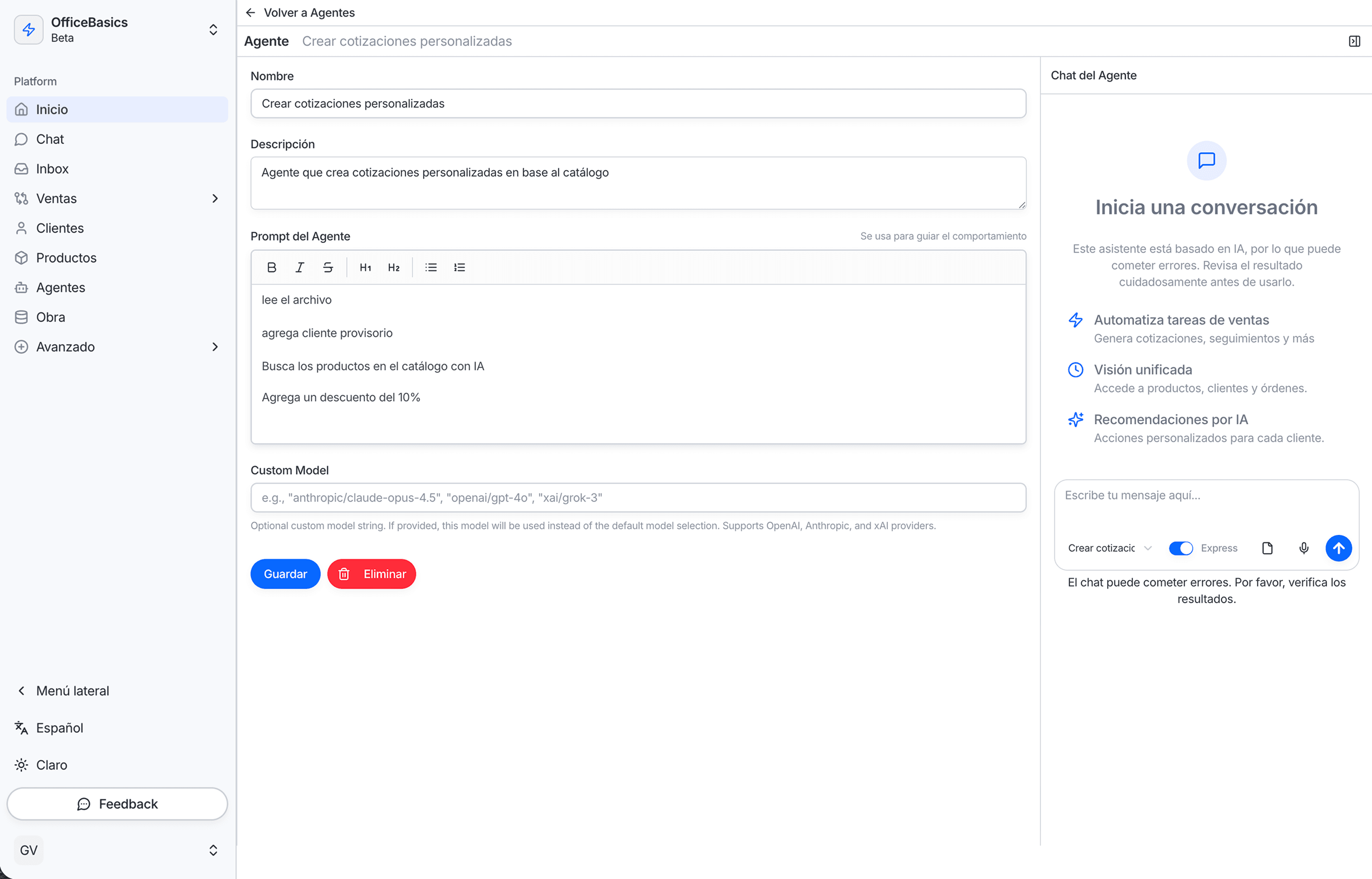 Agent configuration panel showing workflow automation setup