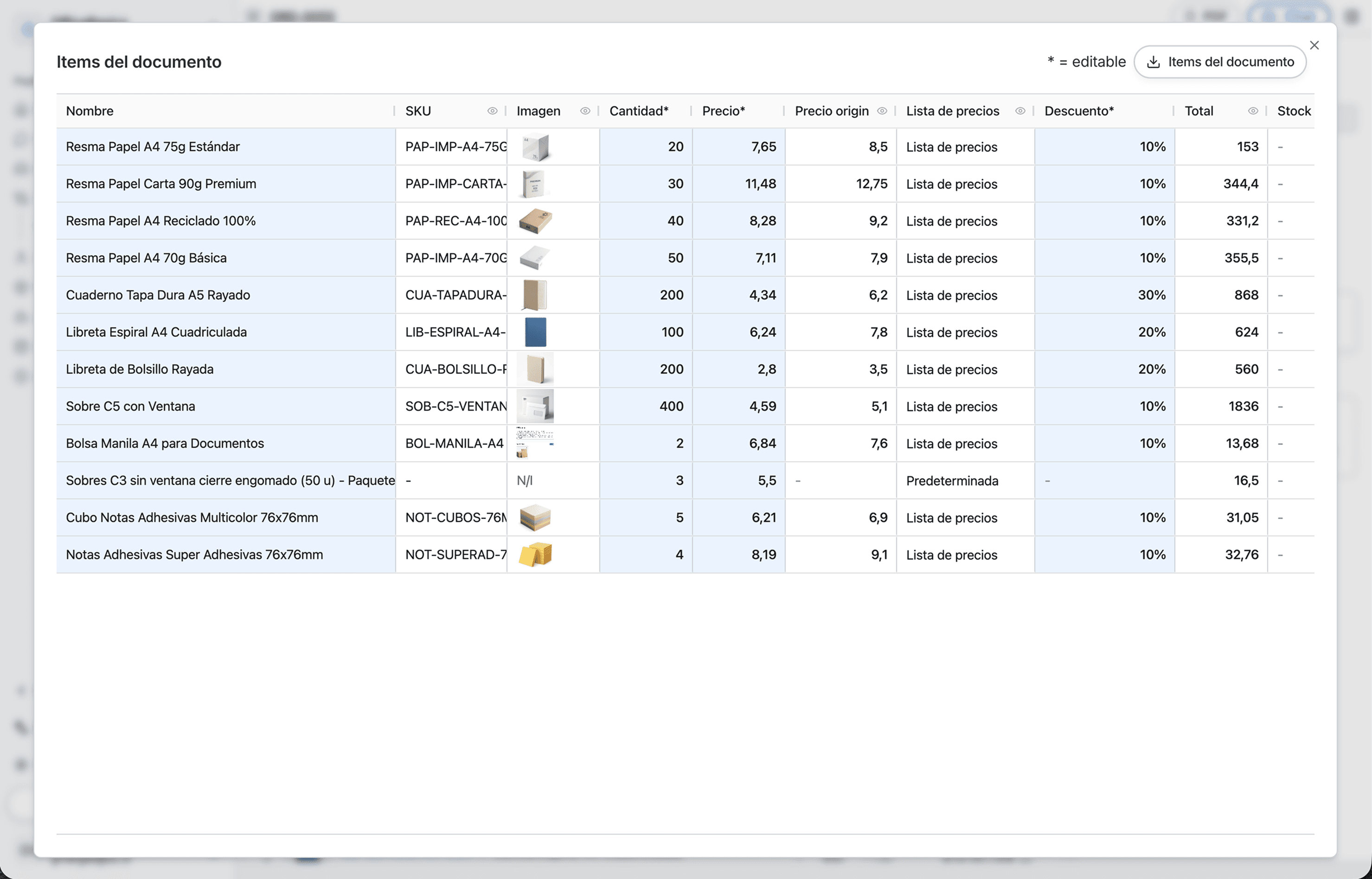 Quote line items table with quantity, price and discount columns