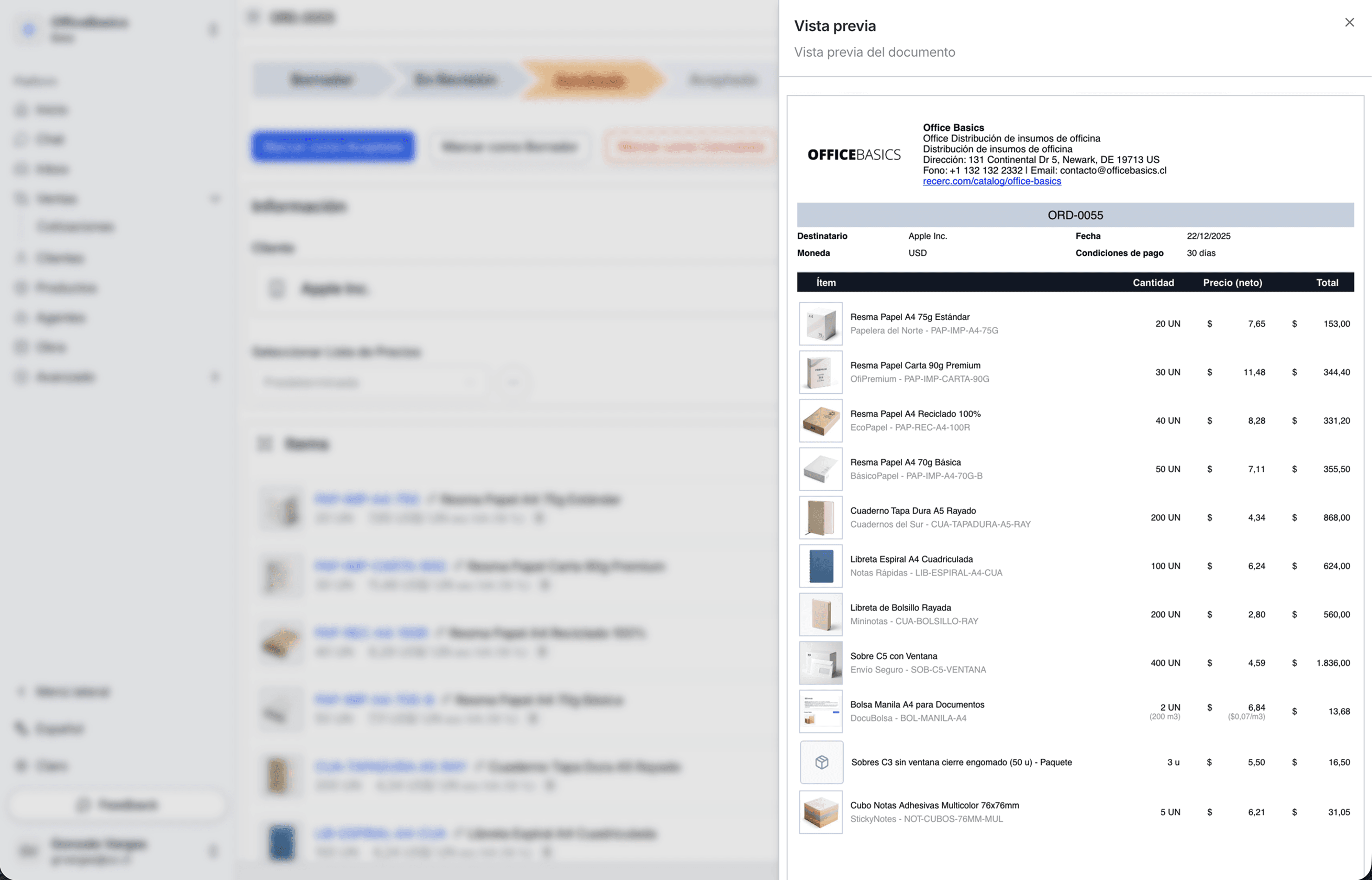 PDF preview panel showing a quote document