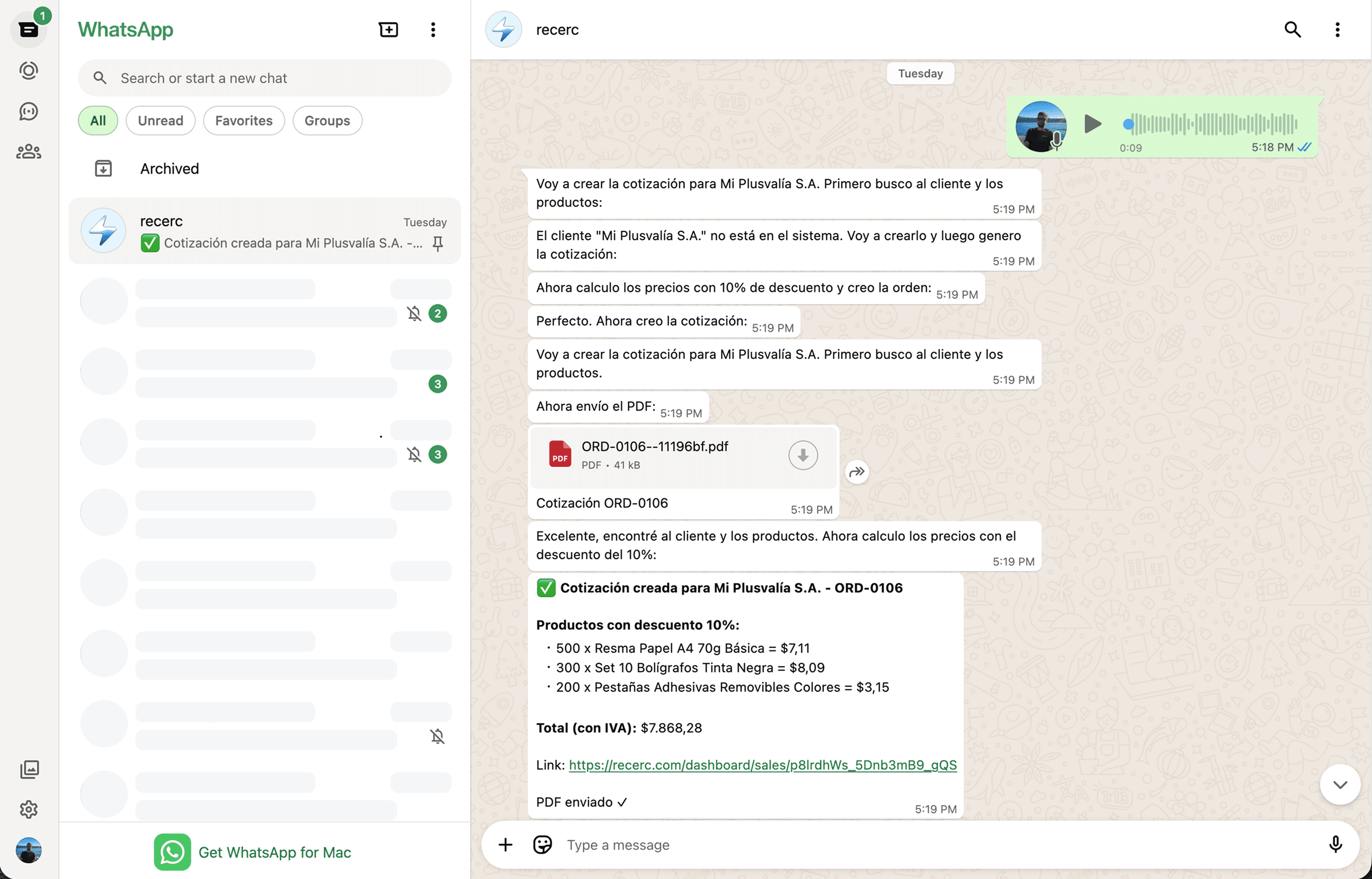 WhatsApp chat showing a quote creation flow and PDF sent